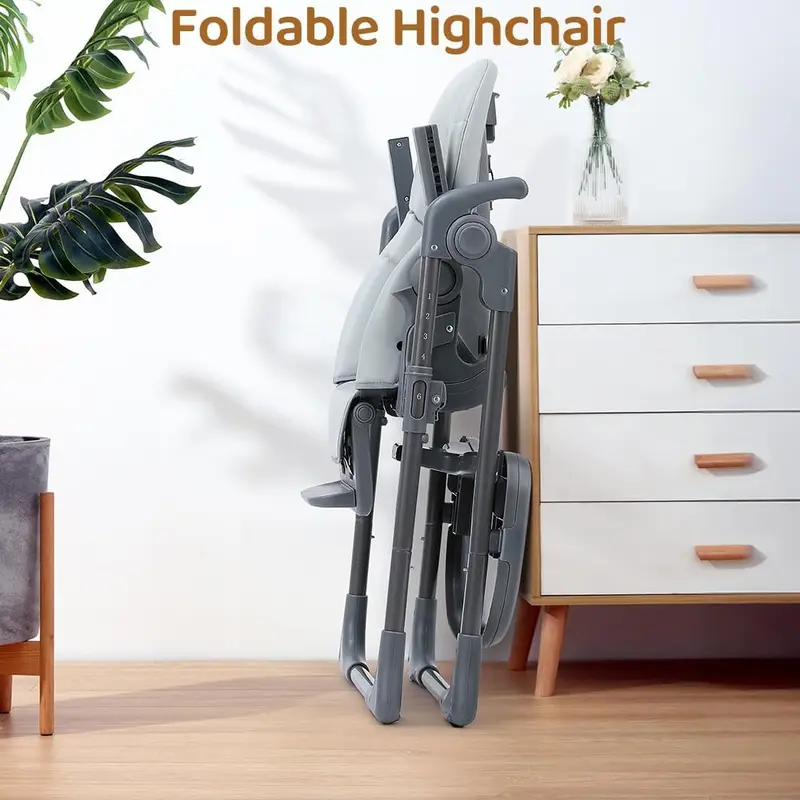 Baby Highchair, Foldable and Adjustable Baby Chair, 6 Height Settings, 4 Recline Positions, 3 Tray Positions, Adjust Footrest, Portable High Chair for Baby and Toddler (Grey) 6