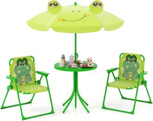COSTWAY Kids Patio Set, Outdoor Children Picnic Table with 2 Folding Chairs, Height Adjustable Umbrella, 4 Piece Garden Furniture Set for Boys Girls