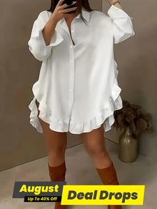 Women's Plain Ruffle Trim Longsleeves Button Front Blouse, Casual Boho Soft Fit Long Sleeve Collared Top for Daily Wear, Ladies Clothes for All Seasons, Feminine, Loose