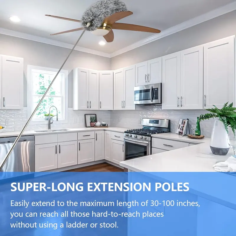 Extendable Feather Duster,Microfiber Duster with 100'' Telescopic Stainless Steel Extension Pole and Soft Silicone Cap,Easy to Absorb Dust Anti Static,Perfect for Cleaning Cobweb,Ceiling Fan,Car etc 3