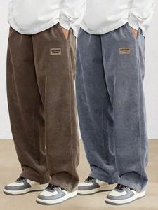 Men's Letter Patched Corduroy Pants, Casual Comfy Elastic Waist Straight Leg Trousers for Fall & Winter, Men's Bottoms for Daily Wear