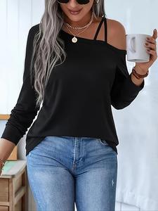 Women's Plain Off Shoulder Tee, Casual Elegant Long Sleeve T-shirt for Daily Wear, Ladies Clothes for All Seasons