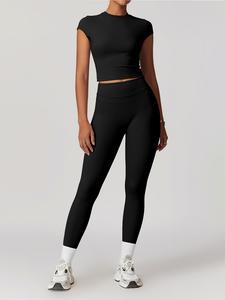 Two-piece Set Women's Solid Round Neck Crop Top & High Waist Leggings Tracksuit Set, Sporty Breathable Comfy High Stretch Outfits for Yoga Gym Workout Running, Gym Sets for Women, Ladies Sportswear for All Seasons