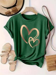 【Plus Size】 Heart Print Round Neck Tee, Casual Short Sleeve Crew Neck T-shirt for Daily Wear, Women Plus Clothing for All Seasons