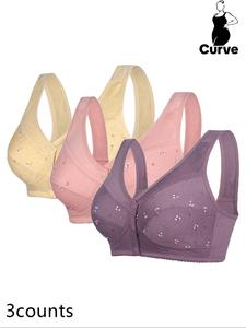 Plus Ditsy Floral Print Button Front Wireless Bra, Comfort Breathable Push Up Bra for Daily Wear, Women's Plus Size Lingerie for All Seasons