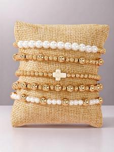 Faux Pearl Decorated Beaded Bracelets, Elegant Cross Design Beads Bracelet for Women & Girls, Fashion Jewelry for Party, Daily Decor, Trendy All-match & Exquisite Jewelry for Birthday Gift, Gifts for Wife