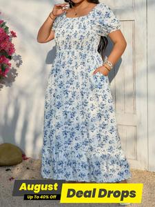 【Plus Size】 Ditsy Floral Print Pocket Dress, Bohemian Fashion Casual Long Dress for Daily Holiday Vacation Wear, Women Plus Clothing for Summer