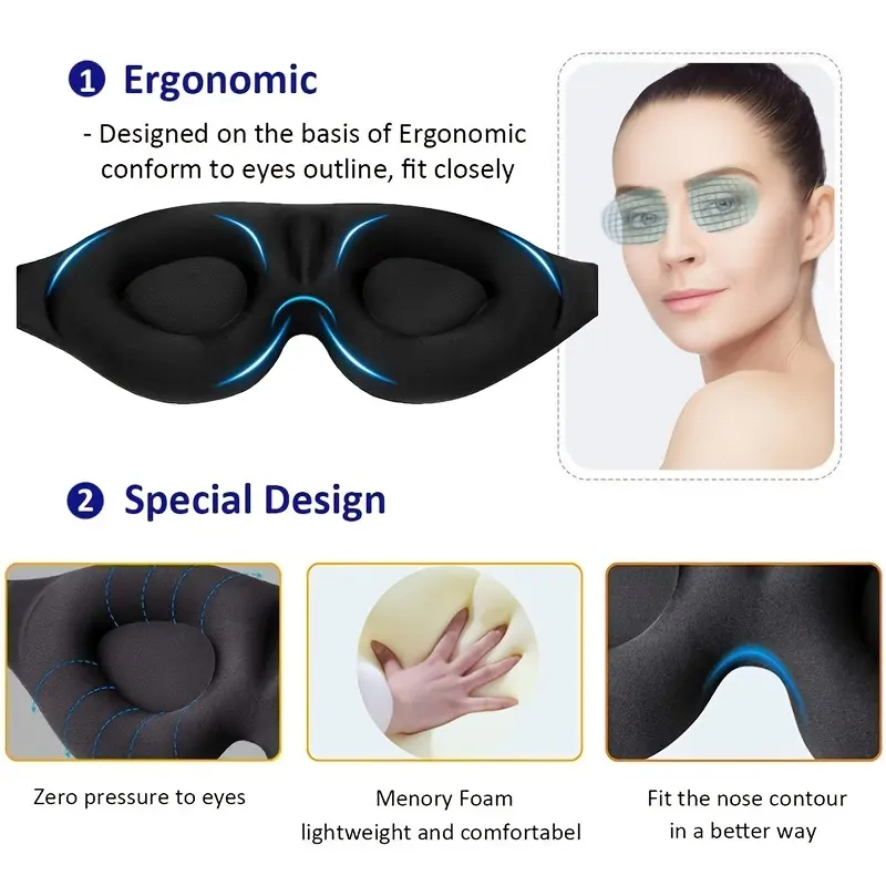 Ultra-Comfort 3D Contoured Sleep Mask for Men & Women - Soft, Light-Blocking Eye Shade with Adjustable Strap for Deep Sleep, Travel & Yoga Nap - Black, Fragrance-Free 4