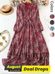 【Plus Size】 Paisley Print Tie Waist Dress, Boho Fashion Casual Long Sleeve Dress for Daily Holiday Vacation Wear, Women Plus Clothing for Spring & Fall, Womenswear, Summer