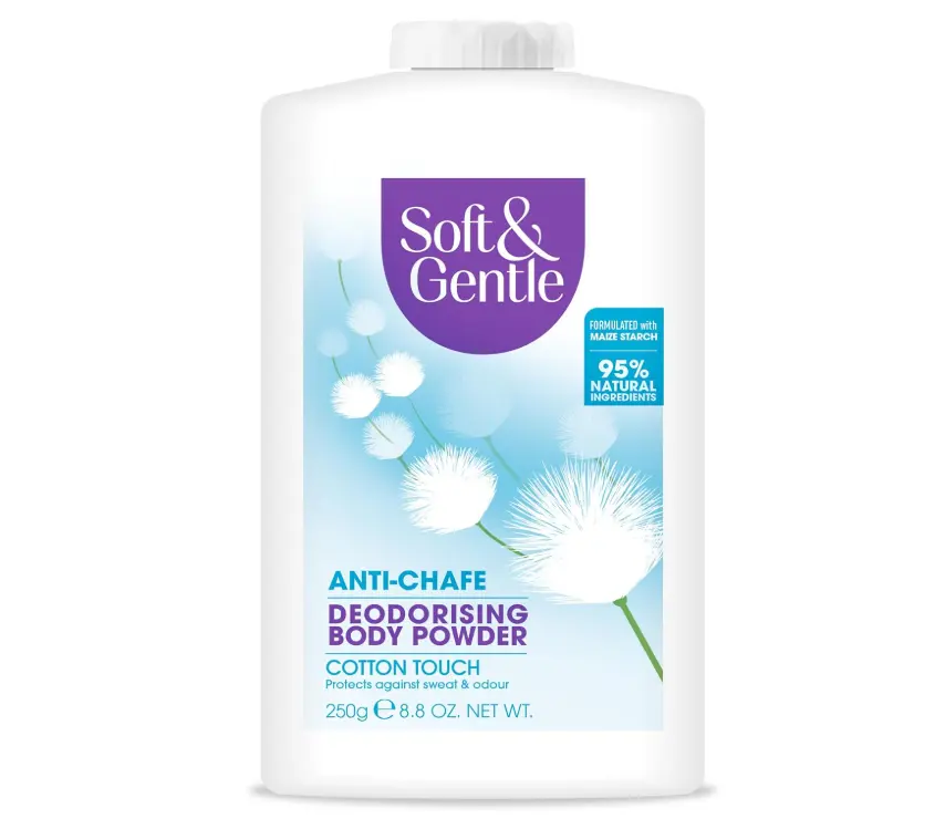 SOFT & GENTLE Fresh Cotton Talc Free Cotton Body Powder 250g, Deodorising Personal Hygiene Against Moisture, Friction and Odour, Prevent Smudging After Self-Tanning and Facial Makeup