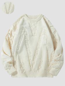 Men's Plain Ripped Drop Shoulder Sweater, Regular Fit Casual Long Sleeve Round Neck Jumper for Fall & Winter, Fashion Men's Knitwear for Daily Wear