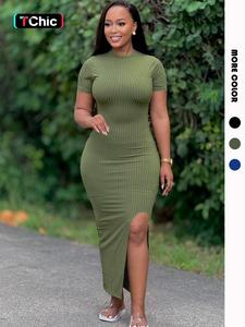 Women's Plain Ribbed Split Thigh Dress, Casual  Short Sleeve  Dress for Summer, Ladies Clothes for Daily Wear