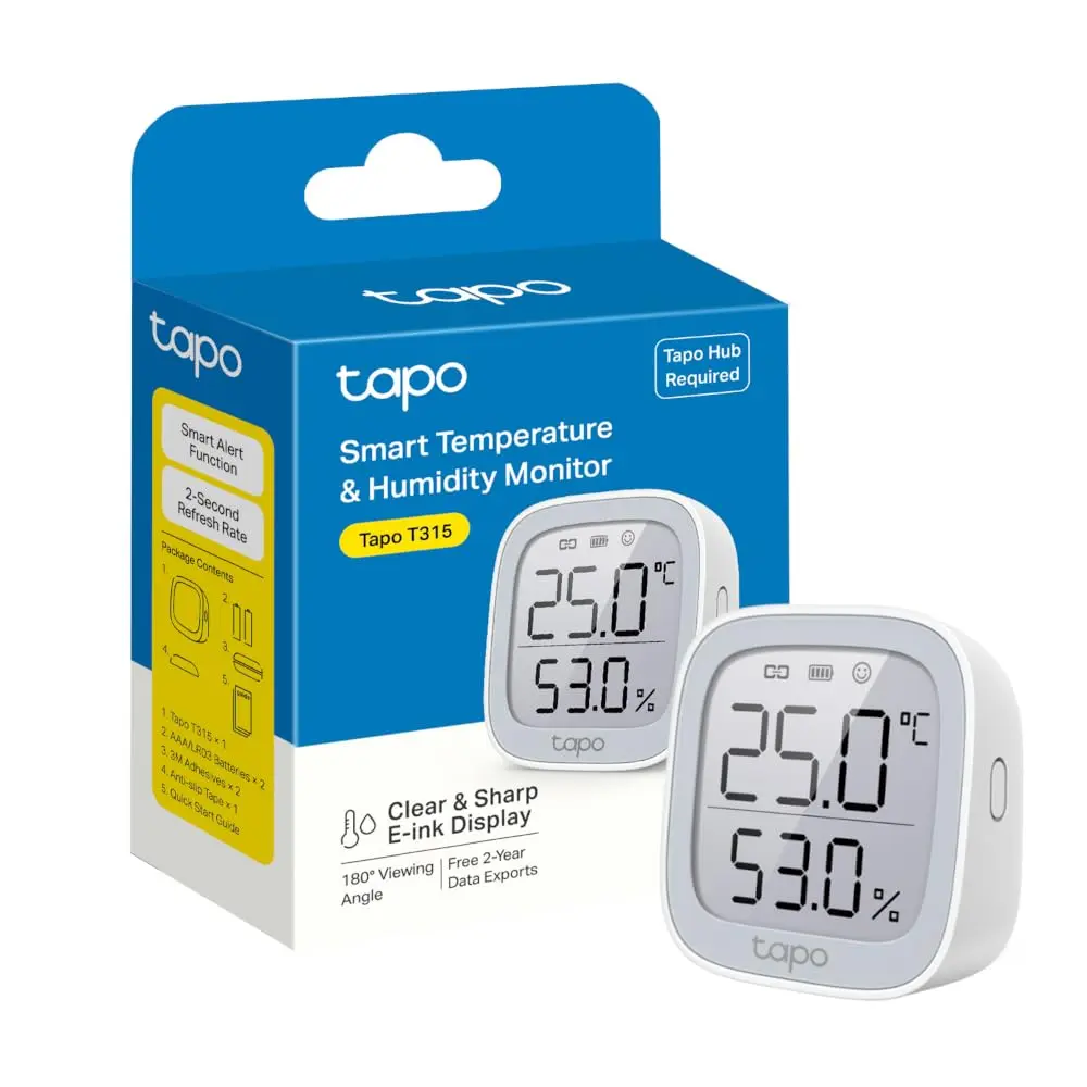 Tapo T315 Smart Room Thermometer, Humidity Meter, Hygrometer, Room Thermometer Indoor, Humidity Sensor, Room Temperature Monitor, 2.7″ E-ink Display, Real-Time Notifications, Free 2-Year Data Storage