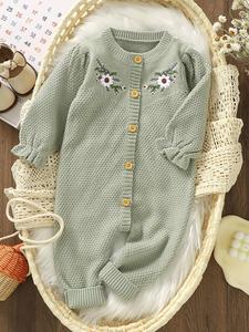 Baby Girl's Floral Embroidery Flounce Sleeve Button Front Sweater Onesie, Cute Long Sleeve Round Neck Jumpsuit for Fall & Winter, Newborn Infant Kids Clothes