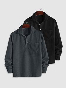 Men's Solid Color Corduroy Polo Shirt, Loose Casual Long Sleeve Collared Top for Spring & Fall, Fashion Men's Clothes for Daily Wear
