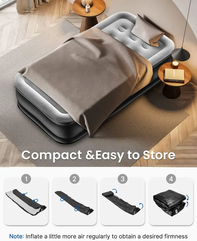 Air Mattress Single, Airbed with Built-in Electric Pump, Inflatable Mattress in 3 Mins Self-Inflation/Deflation, Inflatable Bed Flocked Surface Blow Up Bed for Home Camping Use, 190x99x46cm 7