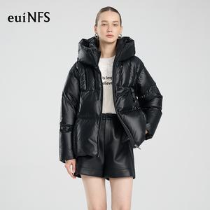 【euiNFS】Women’s Glossy Puffer Jacket with Hood – Cropped Quilted Down-Style Coat, Modern Urban Fit【E473074】