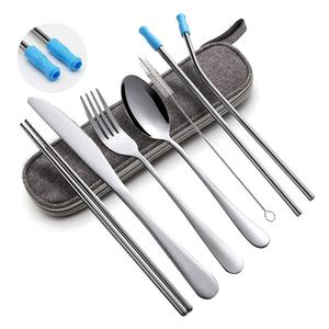Portable Travel Cutlery Set with Storage Bag, 7 Counts/set Including Dinner Knife, Fork, Spoon, Chopsticks, Brush & Straw, Camping Supplies, Stainless Steel Flatware Set for Camping