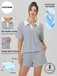 Women's Casual Striped Half-Open Button Loose Short Sleeve Top and Shorts Set, Breathable and Skin-Friendly Two-Piece, Durable Anti-Pilling Daily Wear