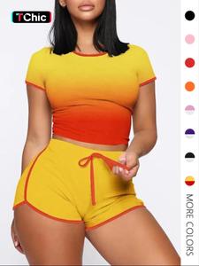 Two-piece Set Women's Tummy Flattering Contrast Binding Shortsleeve Crop Top & Drawstring Waist Shorts Set, Round Neck Short Sleeve Top & Shorts, Casual Summer Clothes for Outdoor Daily Wear