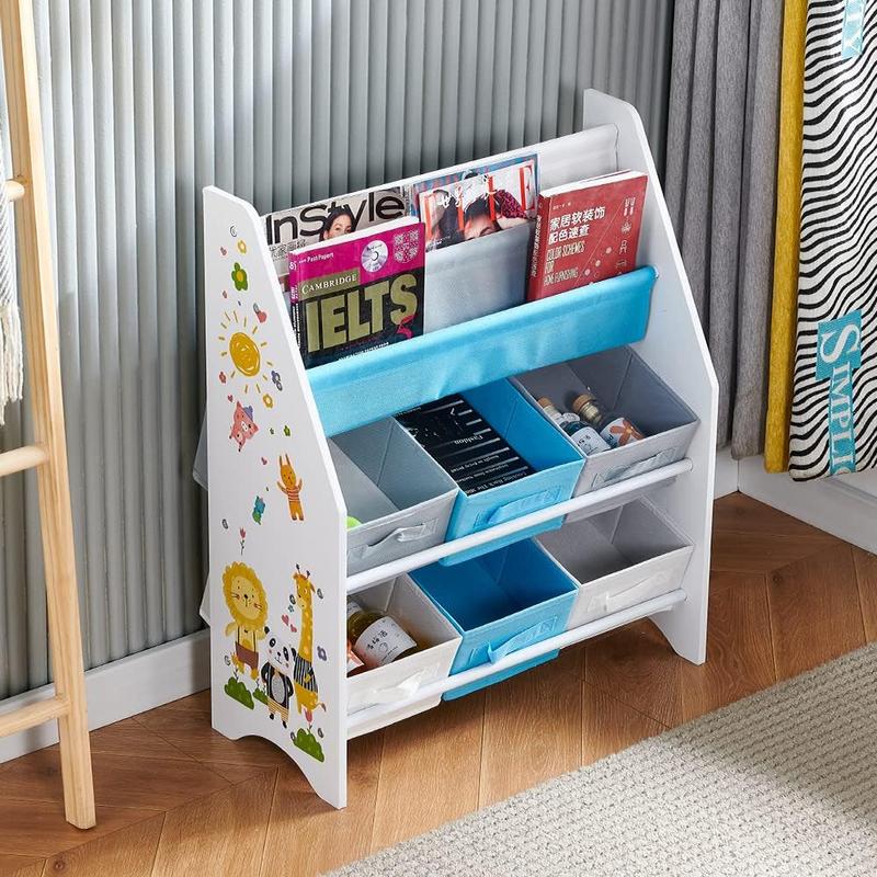 Kids Room Toys Organizer Unit, Toy Storage Unit with Storage Bins, also as Children Bookcase (6 Bins + 1 Shelf) 3