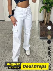 Women's Plain Flap Pocket Cargo Pants, Casual Street Straight Leg Trousers for Summer, Ladies Bottoms for Daily Wear, Casual High Rise