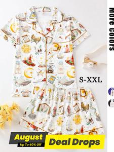 Women's All Over Print Pajama Two-piece Set, Casual Comfy Short Sleeve Lapel Neck Pajama Top & Elastic Waist Shorts Pj Set, Ladies Summer Sleepwear, Women's Pajamas Set, Loungewear, Womenswear, Soft Lounge Sets, Pyjamas, Homewear