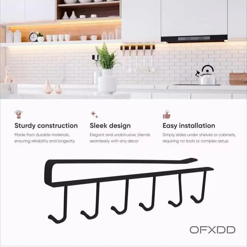 Holder Under Cabinet Cup Rack Organizer with 6 Hooks Under Shelf Hanger Drilling Free Drying Cupboard Storage for Kitchen Restaurant Hanger Tea Cup Display Rack - Black