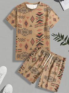 Men's Regular Fit Navajo Print Tee & Shorts Two-Piece Set, Casual Short Sleeve T-shirt & Drawstring Waist Shorts, Men's Summer Clothes for Daily Wear