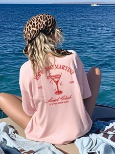 Women's Cocktail Glass Print Round Neck Tee, Casual Short Sleeve T-shirt for Daily Wear, Ladies Clothes for All Seasons, Top