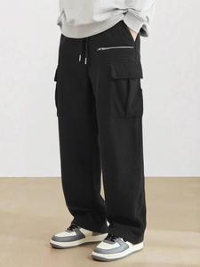 Men's Solid Pocket Drawstring Waist Corduroy Cargo Pants, Loose Casual Zipper Trousers for Spring & Fall, Fashion Men's Bottoms for Daily Wear