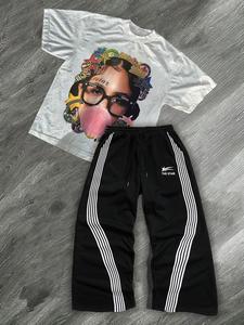 Men's Letter Print Short Sleeve Tee & Tracksuit Pants Set, Regular Fit Casual Round Neck T-shirt & Adjustable Waist Trousers, Summer Outfits Clothes Set for Men