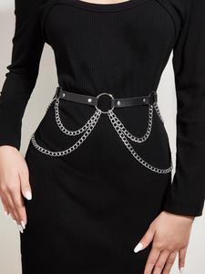 Women's Chain & Ring Decor Skinny Belt, Punk Casual Pu Leather Waist Belt for Trousers Jeans Dress, Daily Clothing Decoration