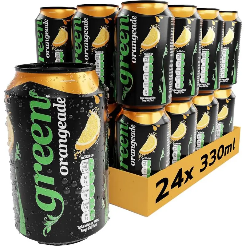 Green Orangeade Sparkling Soft Drink – Low Calorie, No Added Sugar, 24 Cans x 330ml Beverage Natural 0
