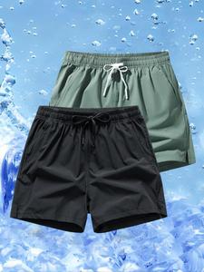 Men's Solid Color Drawstring Waist Split Hem Shorts, Casual Elastic Waist Pocket Shorts for Summer, Men's Bottoms for Daily Wear