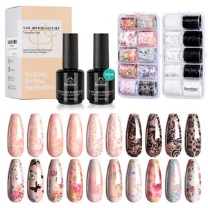 Beetles Nail Foil Glue Gel 2 Pcs 15ML with 20 Pcs Classic Lace Flower Butterfly Stickers Nail Transfer Set, White Black Nail Art DIY Manicure LED Lamp Required Soak Off Spring Gifts for Women