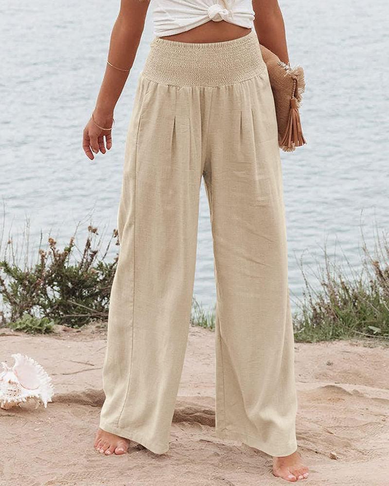 Product Introduction of Women's Plain Pocket Shirred Wide Leg Pants, Casual Elastic Waist Trousers for Beach Vacation Holiday, Ladies Bottoms for All Seasons 4