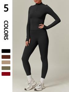 Women's Solid Half Zip Long Sleeve Top & Glam Supersport Leggings Tracksuit Set, High Stretch  Casual Comfy Breathable Sportswear Set for Yoga Gym Workout Running, Ladies Fall & Winter Sportswear