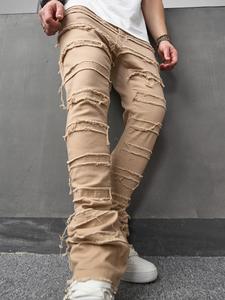 Men's Solid Color Ripped Jeans, Loose Casual Comfy Denim Trousers for Daily Wear, Fashion Men's Bottoms for All Seasons, Cotton