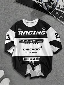 Men's Colorblock Letter Print Drop Shoulder Tee, Casual Soft Comfy Regular Fit Half Sleeve Round Neck T-Shirt for Summer, National Day Clothing, Fashion Men's Top for Daily Wear