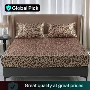 Satin Leopard Print Bedding Set, 3 Counts Including 1 Count Soft Comfortable Fitted Sheet & 2 Counts Pillowcase without Filler, Bed Linens, Room Accessories Bedding Supplies for Home Hotel, Bedroom Decor, Gift for Summer, Silky Bedsheet Sets