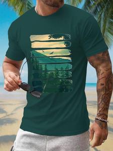 【Plus Size】 Landscape & Striped Print Round Neck Tee, Regular Fit Casual Short Sleeve T-shirt for Summer, Men's Plus Size Clothing for Daily Wear, Top