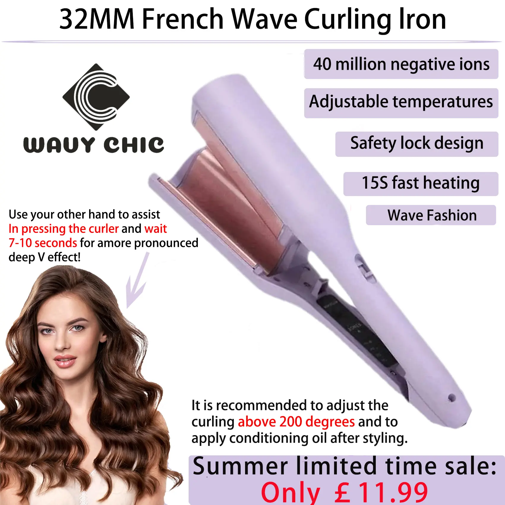 【New Upgrade】-French Wave Curling Iron, Romantic French Egg Roll Curling Iron, Water Ripple Egg Roll 32mm French V-Shaped Curling Iron, 4-Speed Temperature Adjustment, 15s Fast Heating, Suitable For Any Hairstyle (1.8 Meter Extension Cord)