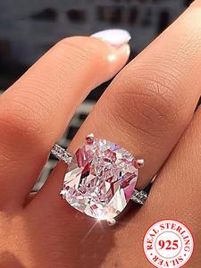S925 Sterling Silver Square Shaped Artificial Zircon Ring, Shiny Fashionable Ring for Women, Trendy All-match & Exquisite Jewelry for Birthday Gift