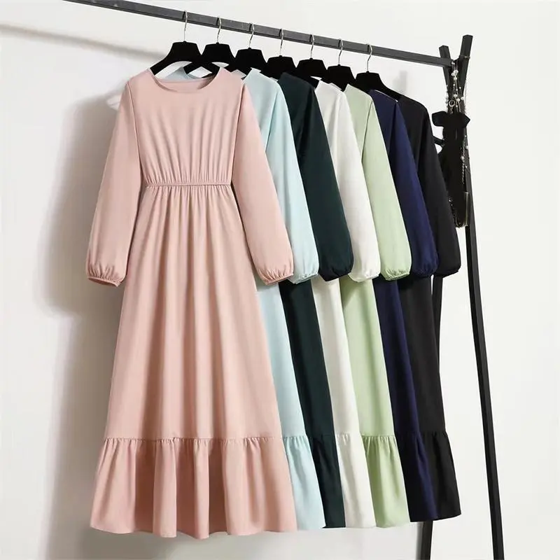 【2025】Fashion Wholesale  Spring Autumn Women Casual Solid Color Full Sleeve O Neck Muslim a Line Long Maxi Dresses