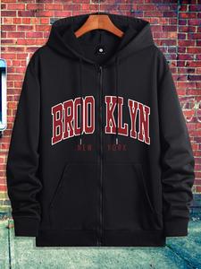 Men's Letter Print Zip Up Hooded Sweatshirts, Regular Fit Trendy Long Sleeve Drop Shoulder Drawstring Hoodie for Outdoor Wear, Men Clothing