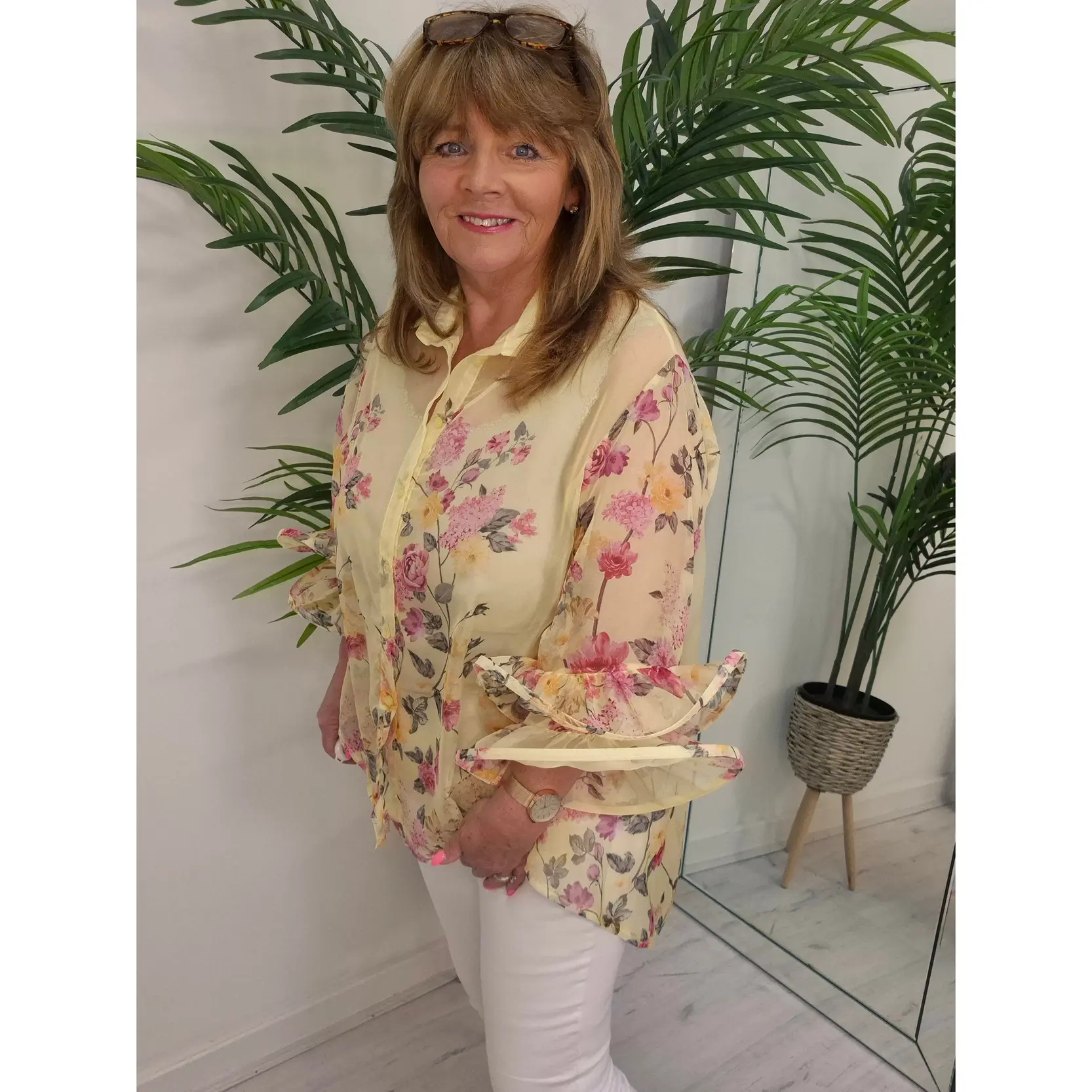 Alba Floral Chiffon Double Fluted Sleeve Blouse - (choose your Colour) - (Oversized)