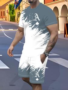 Men's Regular Fit Brush Stroke Print Short Sleeve Tee & Shorts Two-Piece Set, Casual Round Neck T-shirt & Shorts, Summer Clothes Set for Men
