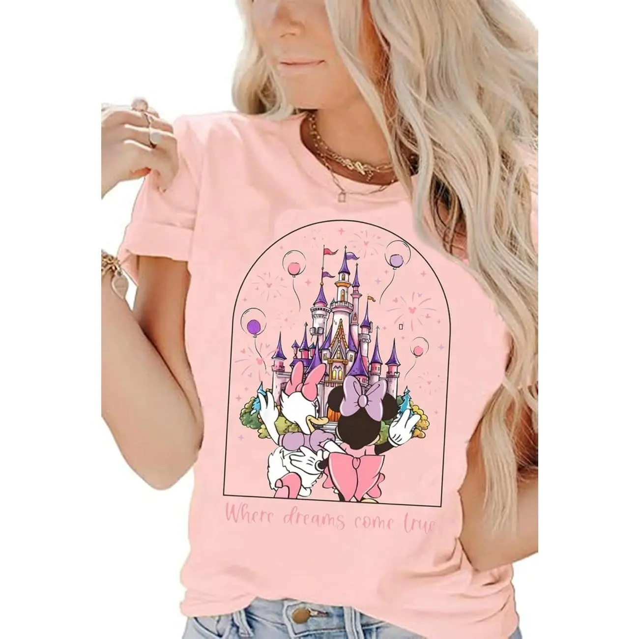 jusgai Magic Kingdom Shirts Castle T Shirts for Women Where Dreams Come True Graphic Print Tee Casual Holiday Tops