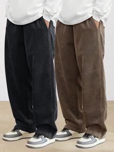 Men's Solid Corduroy Pants, Casual Comfy Drawstring Waist Pocket Straight Leg Trousers for Fall & Winter, Men's Bottoms for Daily Wear